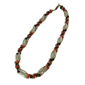 Vtg Retro Handmade Twisted Orange Black Gold Faux Pearl 17" Necklace